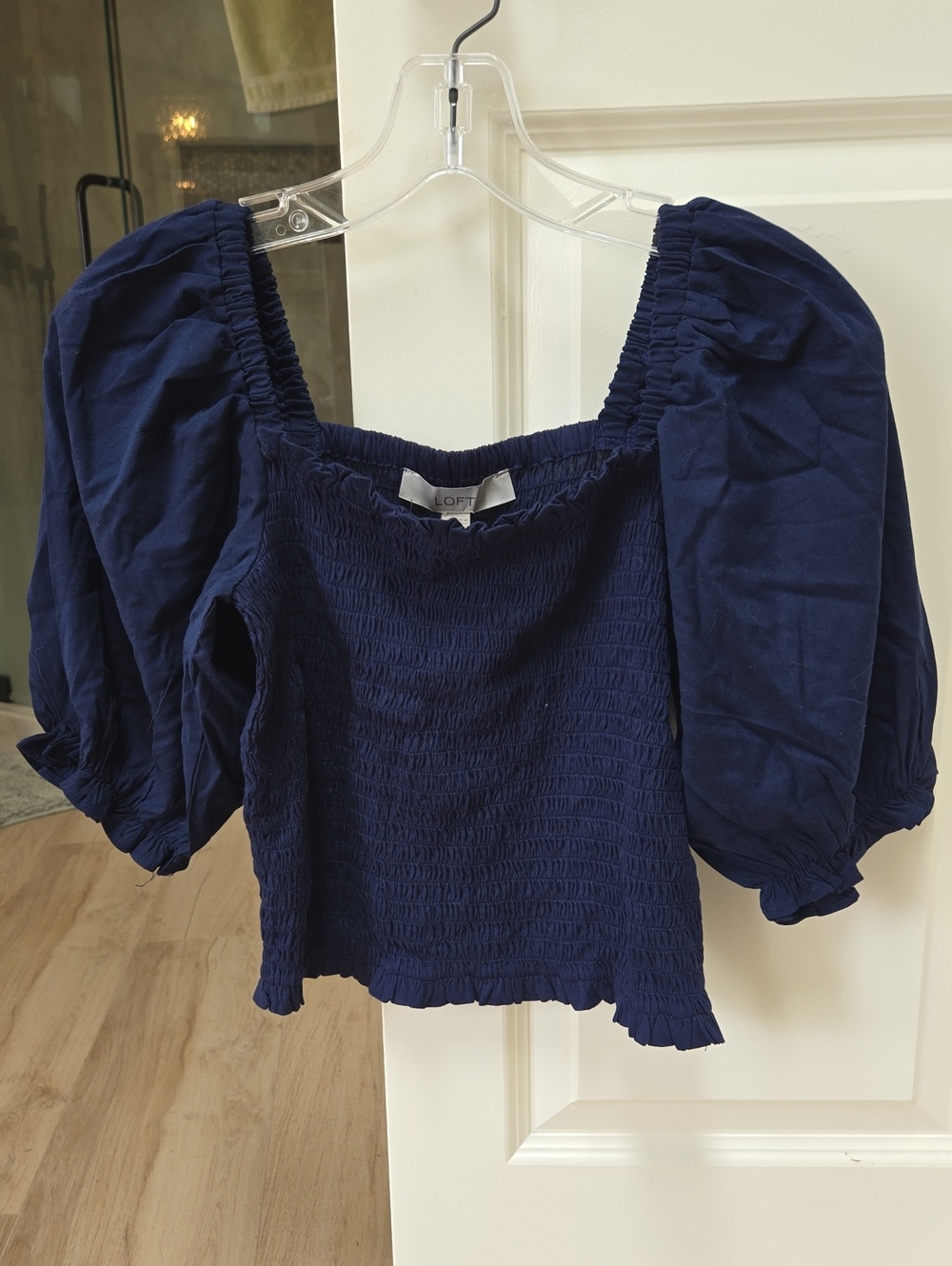LOFT Navy Smocked Crop Top with Puff Sleeves